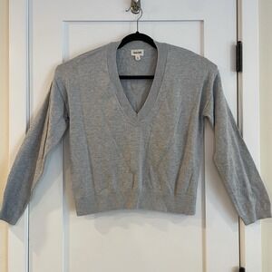 Open Edit Sweater S V Neck‎ LS Pullover Gray Crop Preppy Collegiate Quiet Luxury